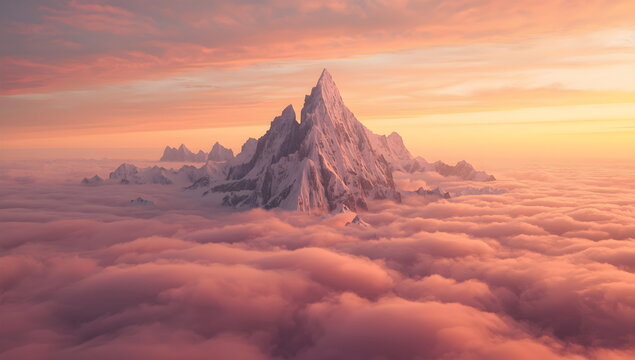 Epic and cinematic fantasy landscape of a mountain peak rising above the clouds at sunset