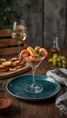 Shrimp cocktail with lemon and white wine on rustic wooden background. Shrimp cocktail with lemon and herbs on a blue plate and white wine
