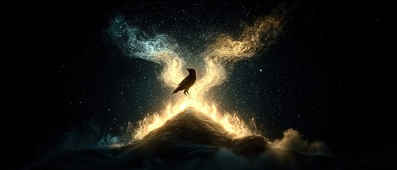 Silhouette of a bird on a glowing ember against a dark cosmic background