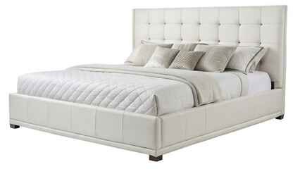 Modern bedroom large bed PNG – White upholstered headboard in minimalist interior. AI GENERATED.
