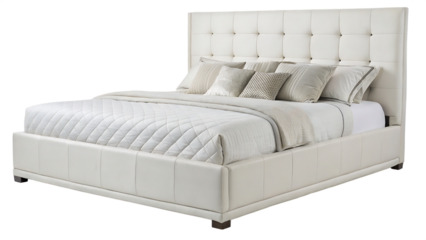 Modern bedroom large bed PNG – White upholstered headboard in minimalist interior. AI GENERATED.
