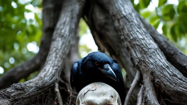 Raven Perched on Skull Amidst Tree Roots
