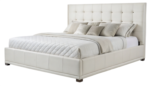 Modern bedroom large bed PNG – White upholstered headboard in minimalist interior. AI GENERATED.
