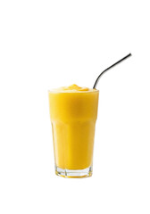 A vibrant tropical smoothie, bright yellow, thick, creamy, in a sleek highball glass with condensation, reusable metal straw on a white table with blurred background, concept of refreshing beverage