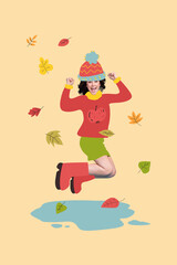 Trend artwork poster composite sketch collage of seasonal foliage leaves fall climate young woman smile happy jump water wear warm hat