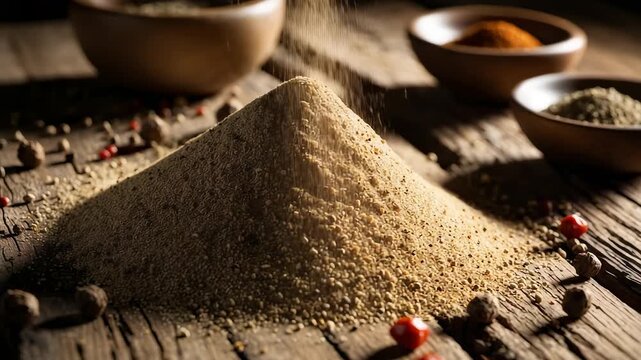 Natural aromatic spice powder mound with scattered peppercorns and rustic wooden bowls of colorful seasonings in warm moody lighting