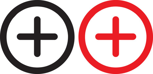 plus, sign, symbol, icon, add, new, create, increase, positive, health, medical, science, mathematics, black, red, circle, outline, graphic, vector, illustration, design, element, white background, is