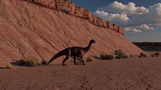 A Carnotaurus Dinosaur Roams Majestically Through a Rugged Desert Landscape Underneath a Blue Sky with Fluffy Clouds, Captured in Stunning Detail