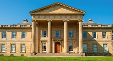 Grand neoclassical building with imposing columns and clear blue sky