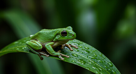 Obraz premium Green tree frog clinging to a wet leaf, macro detail, natural rainforest environment