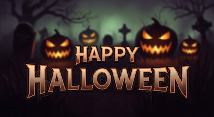 Happy Halloween Greeting with Glowing Jack-o-Lantern in a Spooky Graveyard