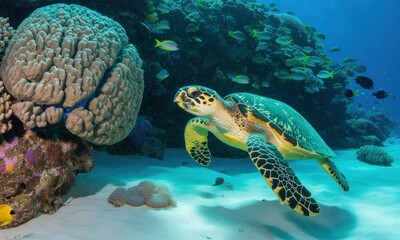 Obraz premium A loggerhead sea turtle swims near a vibrant coral reef