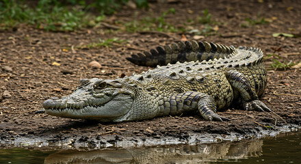Fototapeta premium A large, powerful crocodile rests camouflaged on a muddy riverbank, its reptilian skin glistening near the water's edge in a natural habitat