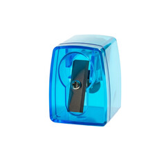 Bright blue translucent plastic pencil sharpener with metal blade isolated on a transparent background