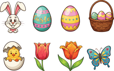 Easter cartoon set with bunny, eggs, chick, basket, tulips, butterfly, spring holiday illustration, cute festive icons vector collection