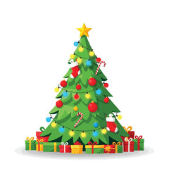 Naklejka premium Festive evergreen tree decorated with bright lights, colorful ornaments, and gifts, symbolizing holiday joy.