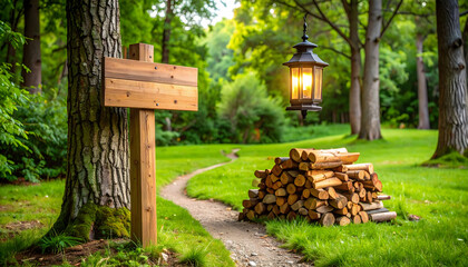 Wooden Signpost and Lantern on Forest Path