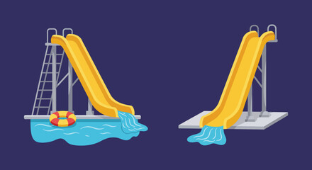 Two yellow water slides with water and ladders on a blue background © MALA