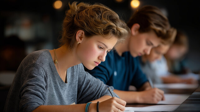 Students take a test in a line, the focused scene illuminated by gentle light. Students, test, with copy space