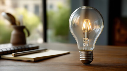 A light bulb glows, the creative scene illuminated by gentle sunlight. Light bulb, brainstorming, with copy space