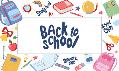 School supplies and stationery horizontal square frame with copy space on white background. Vector hand drawn childlike illustration for education, packaging, social media, web design