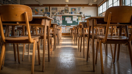 Classroom with chairs stacked on desks, representing the close of one school year and the start of another