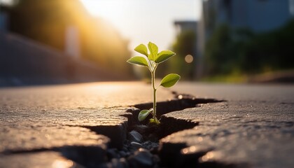 a resilient seedling pushes through a cracked pavement symbolizing the power of nature s persistence and the unstoppable force of life s growth amidst adversity