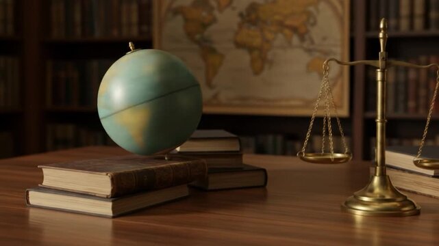 Globe and justice scale on books in library still life academic study of law education history