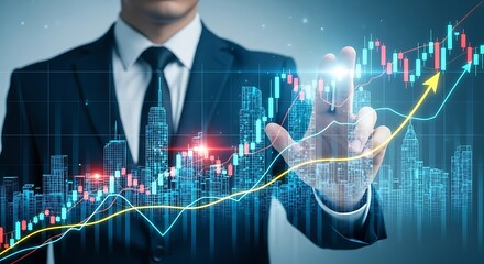 Business Growth Projected Over City Skyline in Digital Interface