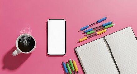 Flatlay workspace with coffee and supplies