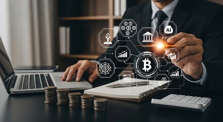 Businessman Interacting with Cryptocurrency and Financial Data Visualization