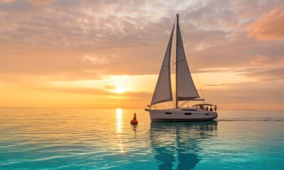 A sailboat glides across a tranquil turquoise sea at sunset.  Golden hues paint the sky