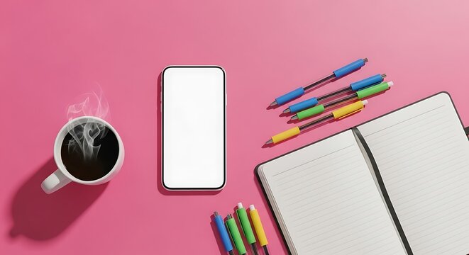 Flatlay workspace with coffee and supplies