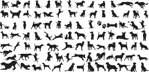 dog, silhouette, animal, pet, canine, puppy, playful, running, jumping, sitting, standing, walking, sleeping, alert, loyal, friendly, energetic, happy, dog poses, dog collection, animal silhouettes, p