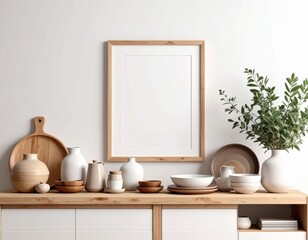 Calm Japandi Living Room with Blank Frame Mockup and Earthy Ceramic Decor.