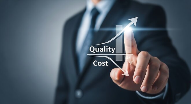 Businessman touches virtual screen showing quality increase and cost decrease graph
