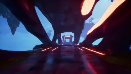 Dynamic low-angle view of a futuristic tunnel glowing with vibrant neon orange and red light patterns, creating an immersive journey through an abstract, technologically advanced digital landscape - Powered by Adobe