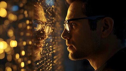 Futuristic cinematic shot of a man with glasses analyzing a glowing digital data wall