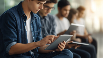 Students use tablets, the modern scene illuminated by soft light. Students, tablets, with copy space