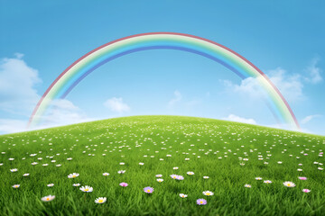 Naklejka premium Lush green meadow vibrant daisy flowers clear blue sky brilliant rainbow serene idyllic natural landscape digital art jpg file