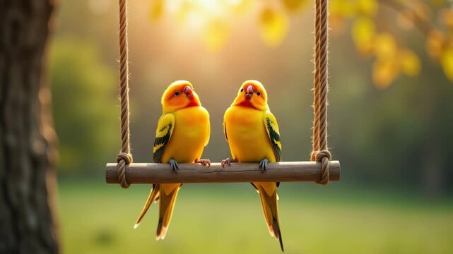 two vibrant yellow birds sharing a moment on swing during sunset