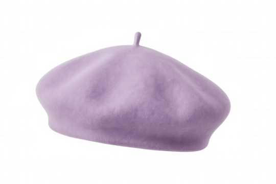 Soft purple beret resting against transparent backdrop, complementing fashion styling with elegant headwear accent