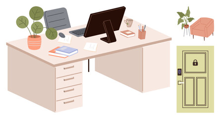 Workspace with desk, computer, books, plants, a chair, and secure door emphasizing work organization. Ideal for productivity, remote work, workspace office security organization privacy simple