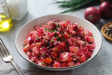 A bowl with Vinegret salad, a typical Russian dish	