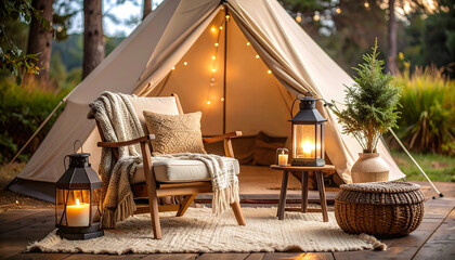 Fototapeta premium Cozy Glamping Tent Scene at Dusk