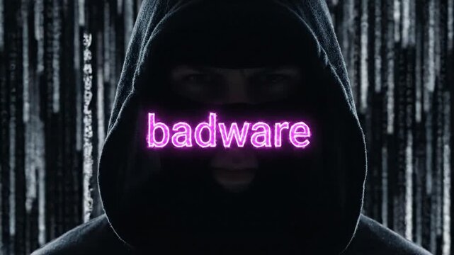 Anonymous Hacker in Hoodie with Glowing Text Overlay on Binary Background