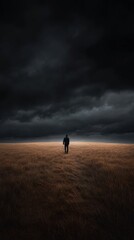Fototapeta premium Lone figure walking across vast field under dramatic storm clouds