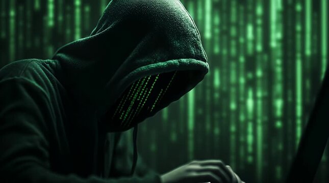 Mysterious hacker with his laptop, jacket and green background full of code 4k animation