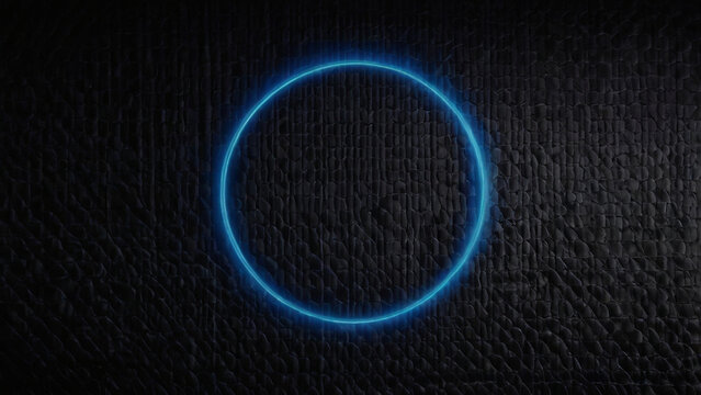 Abstract glowing blue neon circle on a dark textured background, creating a futuristic and modern design with a minimalist style, perfect for technology and space concepts, studio shot