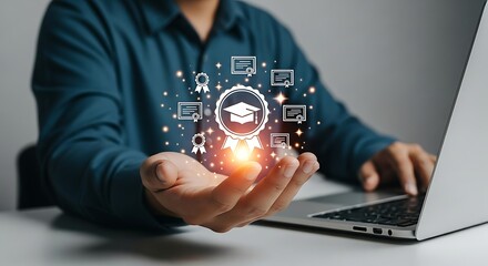 Glowing Graduation Cap and Certificates Held in Hands Above Laptop